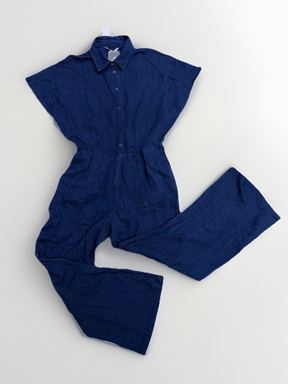 NEW MNG Mango Large Navy Blue Cotton Gauze Short Sleeve Dolman Jumpsuit wide leg